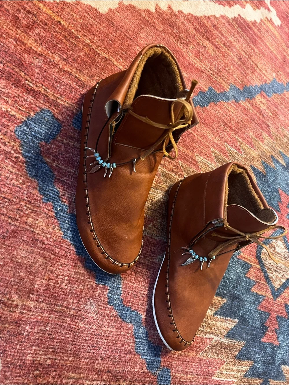 Women’s Brown Leather Moccasin Boots with Beaded Accent